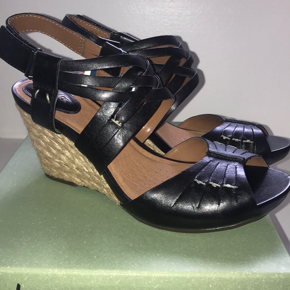 CLARKS KYNA SMART, WEDGE SANDAL, LEATHER, SZ 7.5